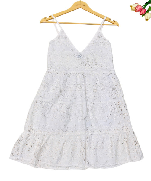 White V Neck Chickankari Dress