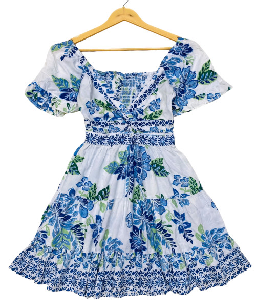 White With Blue Printed Summer Dress