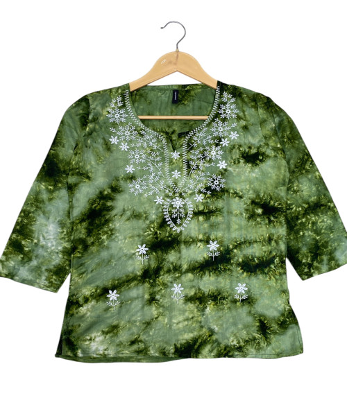 Green With White Cotton Kurti