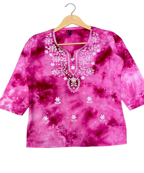 Pink With  White Cotton Kurti