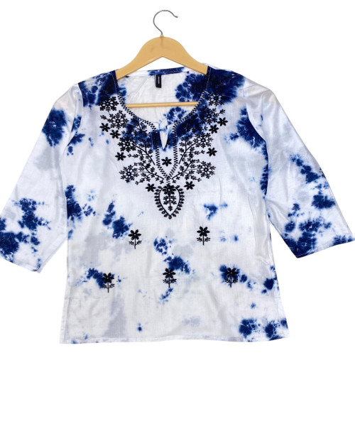 White With Blue Printed Cotton Kurti