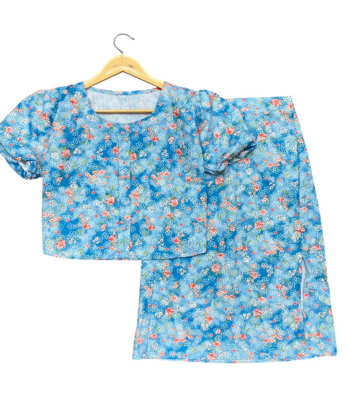 Blue Flower Printed Skirt Top