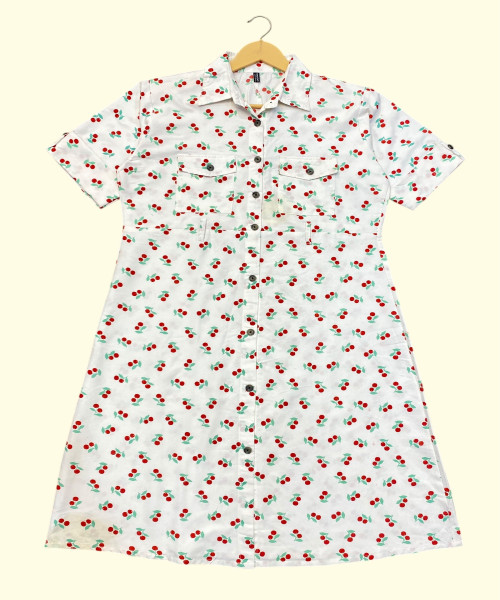 White With Red Printed Cotton Dress
