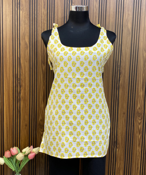 Yellow  With  White Printed Kurtis