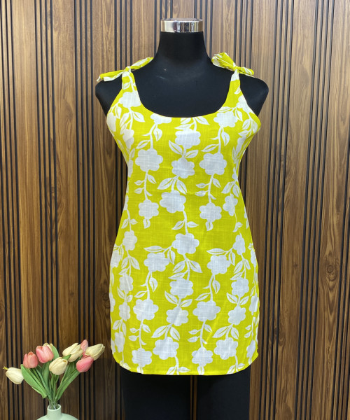 Yellow With White Flower Printed Kurtis