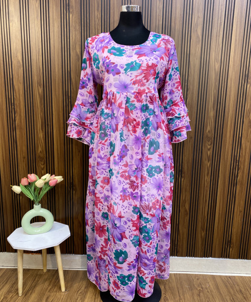 Lavender With Flower Printed Dress