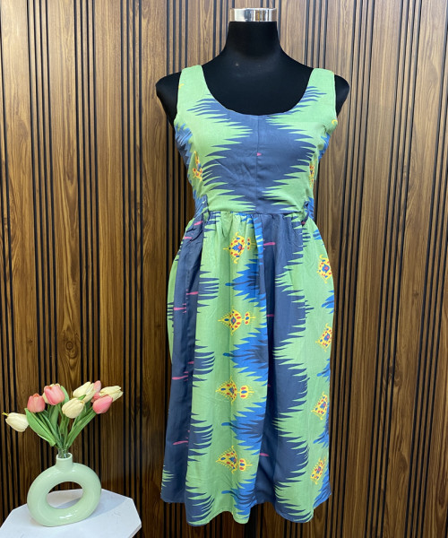 Blue With Green Printed Summer Dress