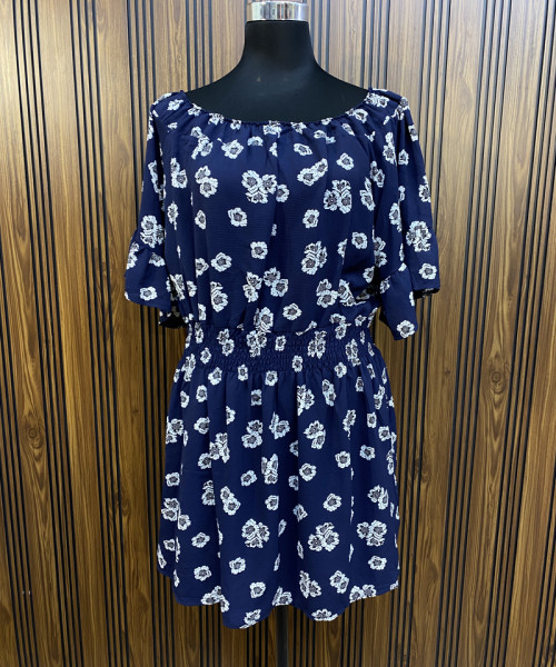 Navy Blue With White Flower Printed Summer Dress