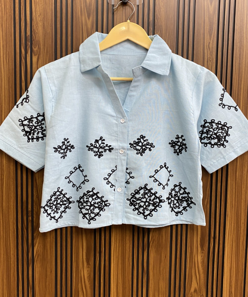 Sky Blue With Black Cotton Shirt