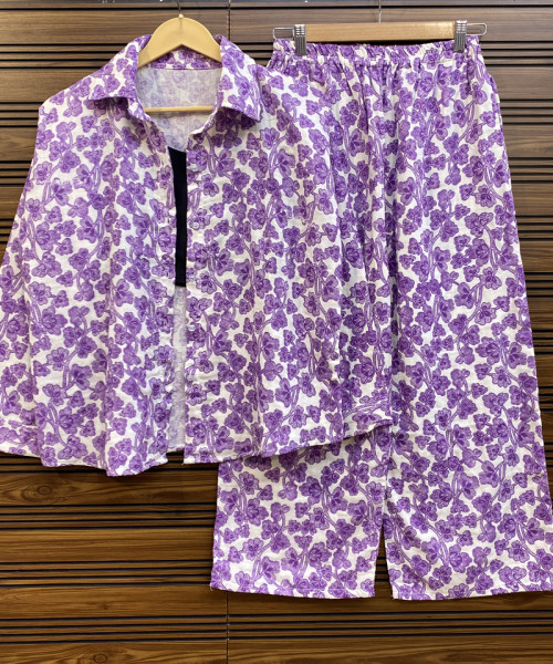 Purple  With White Printed Co Ord Set