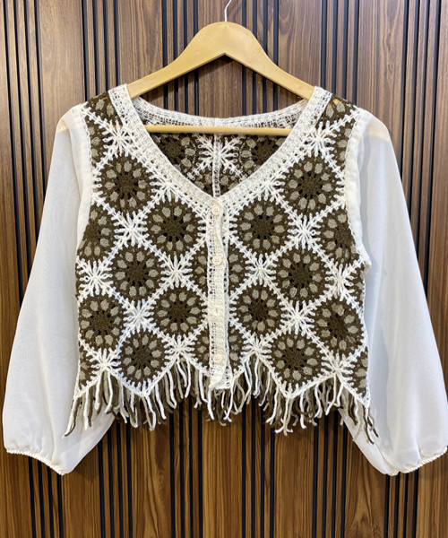 White With Brown Crosia Top