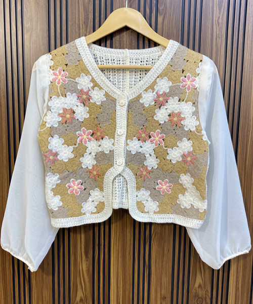 Brown With White Crosia Top