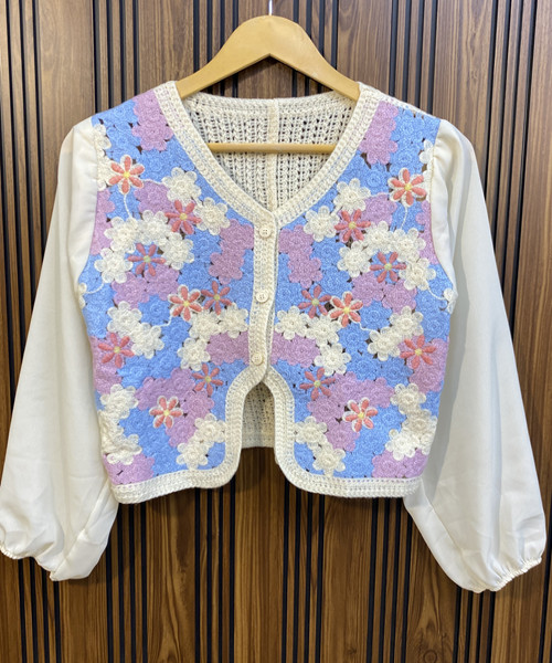White With Sky Blue Crosia Top