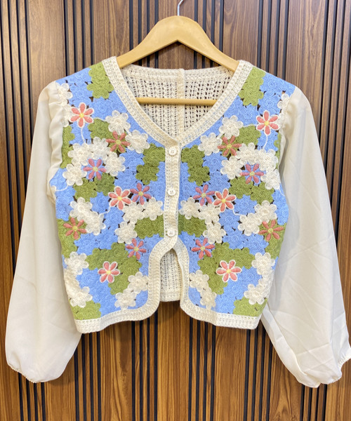 Green With Blue Flower Crosia Top