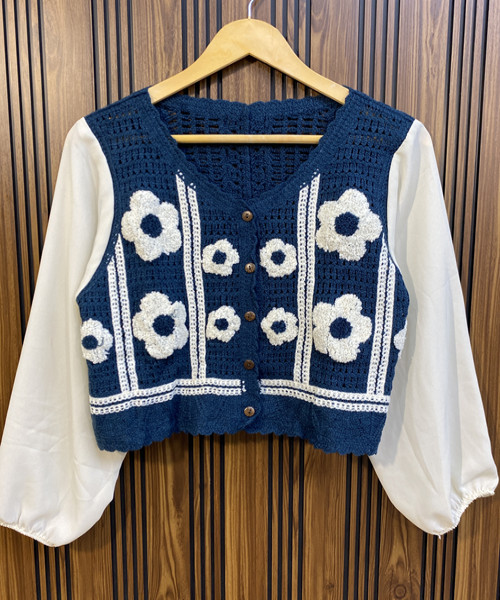 Blue With White Flower Crosia Top