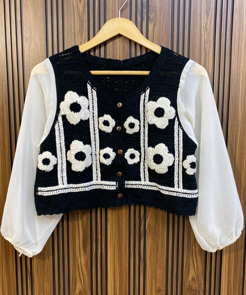 Black With White Crosia Top