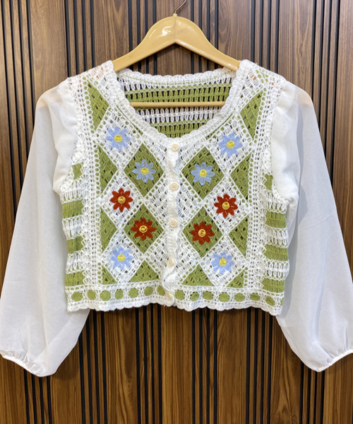 Green With White Crosia Top
