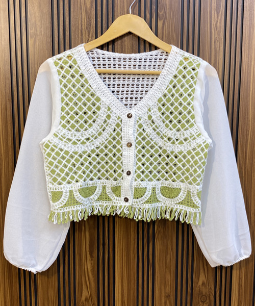 White With Green Crosia Top