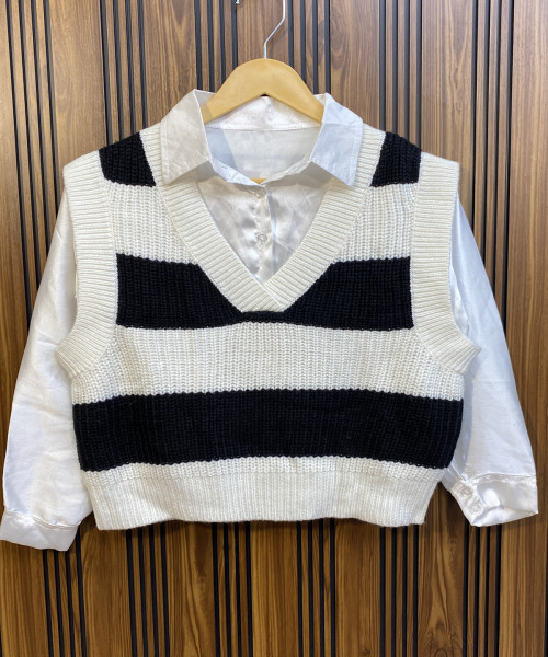 Black   With White V Neck Knitted Sweater Vest