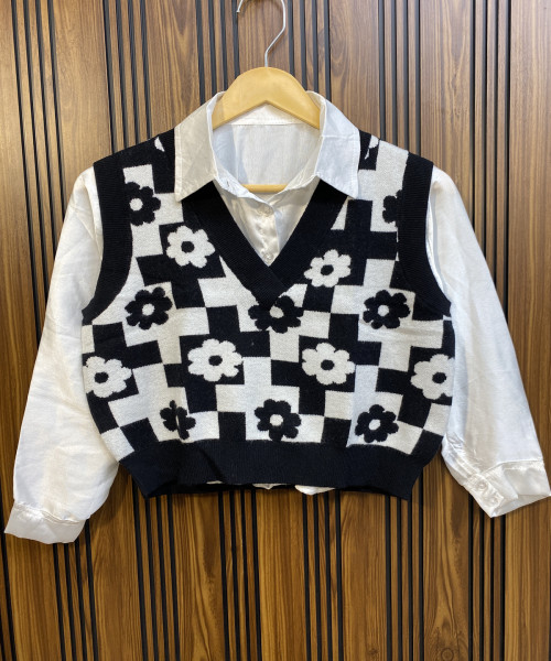 White With Black Flower Printed Sweater Vest