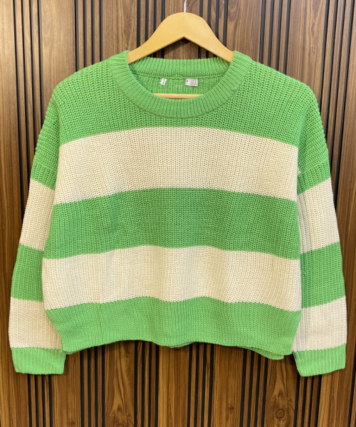Parrot  Green Colour  With White Round Neck Knitted Pullover