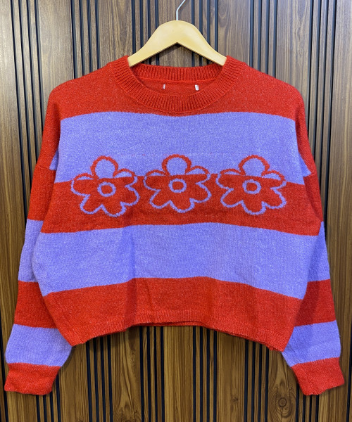 Blue With  Red Printed Knitted Pullover