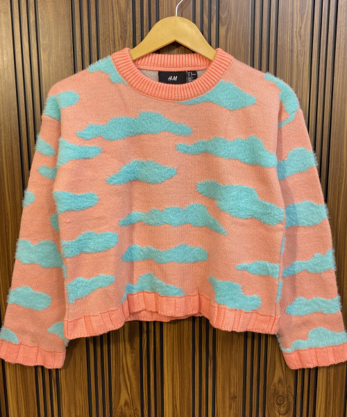 Peach With Sky Blue Knitted Pullover