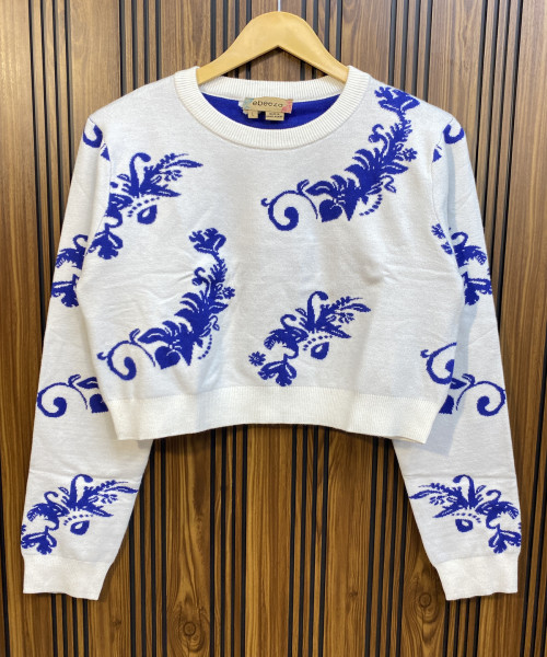 White With Blue Printed Knitted Pullover