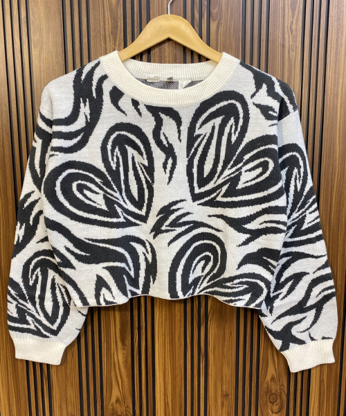 White With Black Printed Winter Pullover