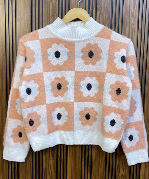 White Flower Printed Knitted Pullover