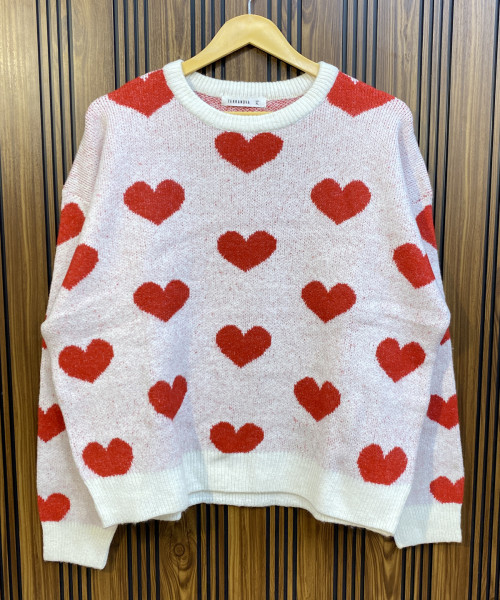White With Red Heart Printed Pullover
