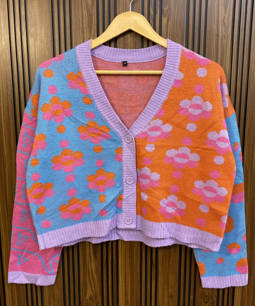 Orange Flower Printed Winter Cardigan