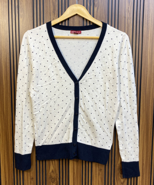 White With Black Dot Printed Winter Cardigan
