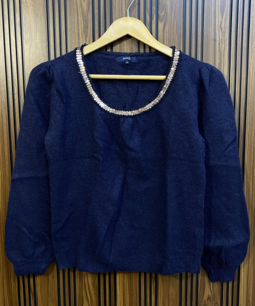 Navy Blue Round Neck Winter Top